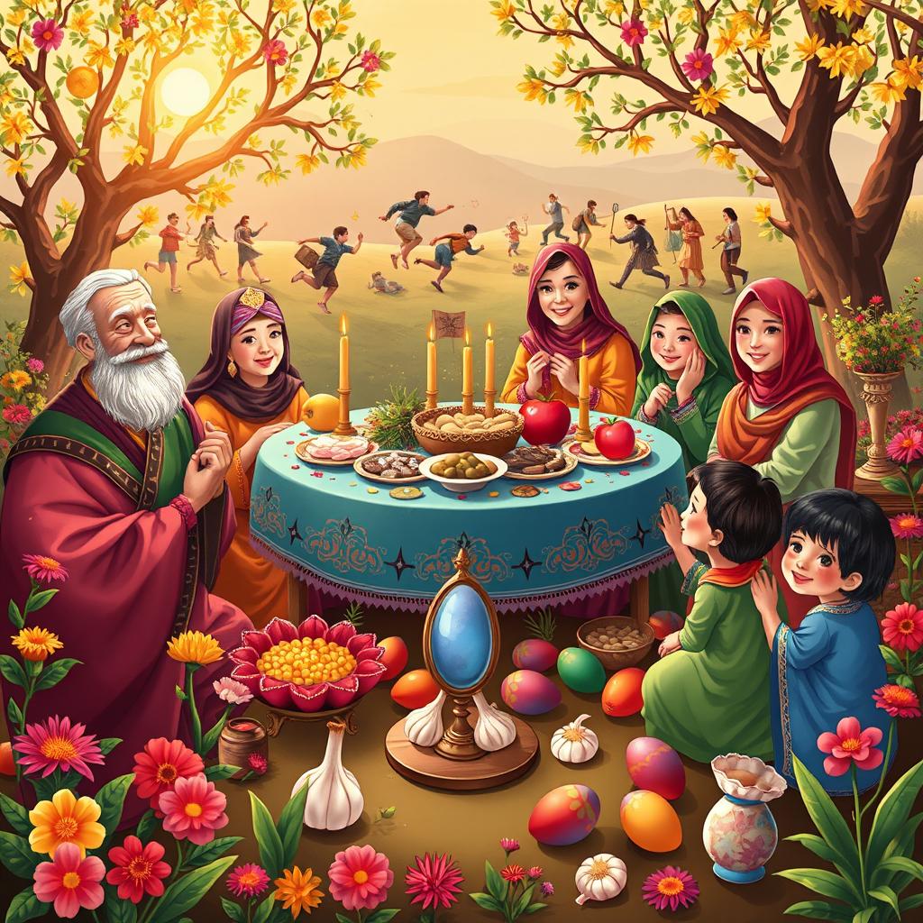 A vibrant and joyful illustration of a traditional Nowruz celebration in ancient Iran