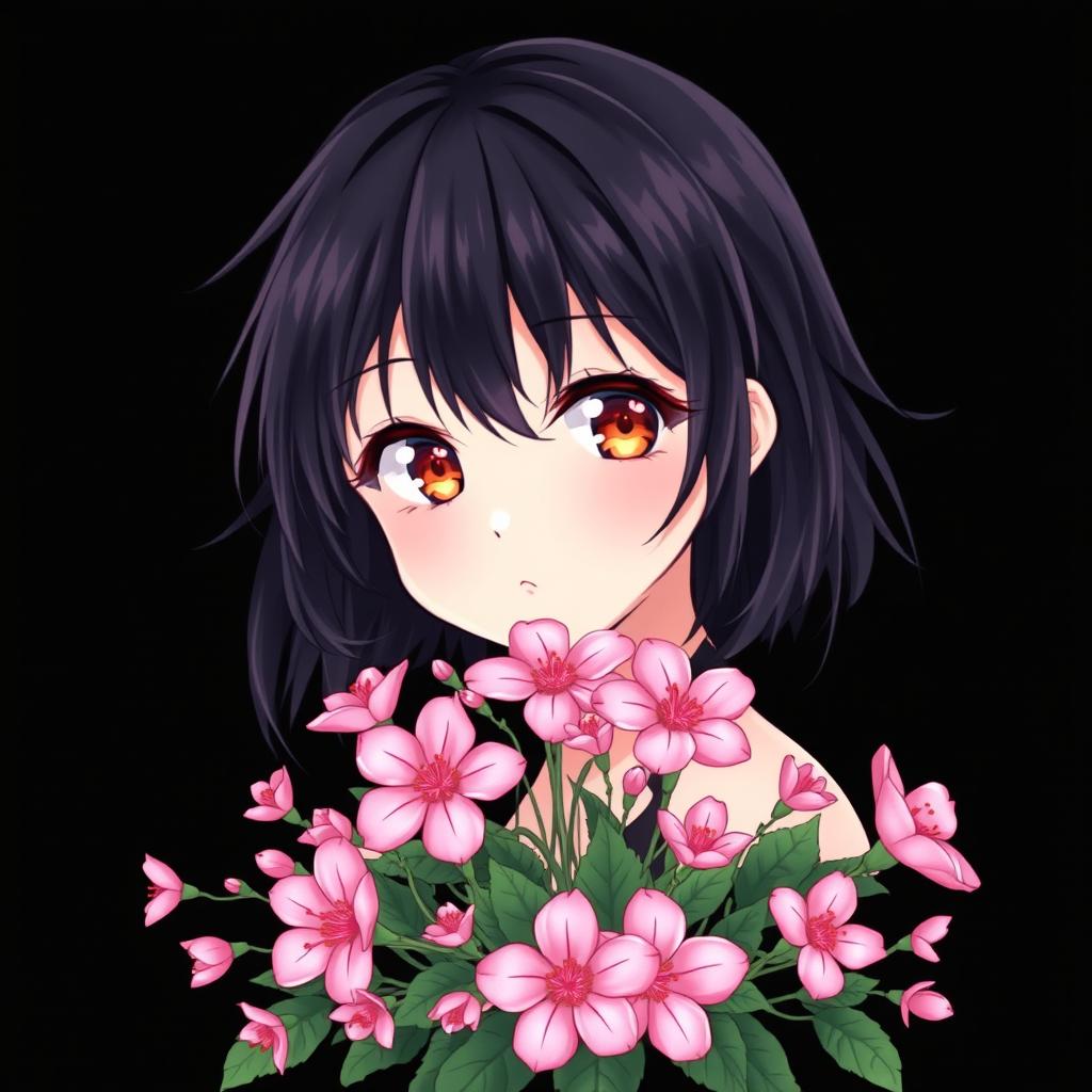 An anime girl with enchanting hazel eyes and flowing black hair, illustrated in a captivating style