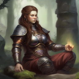 A dwarven female kineticist, attired in her sturdy heavy armor, finds peace in meditation. All around her, ethereal currents of natural energy float, a testament to her profound bond with the world's elements.