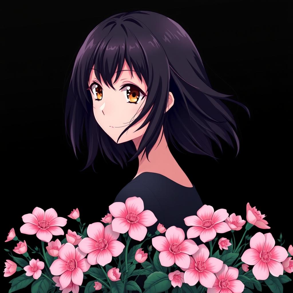 An anime girl with captivating hazel eyes and flowing black hair, illustrated in an expressive style