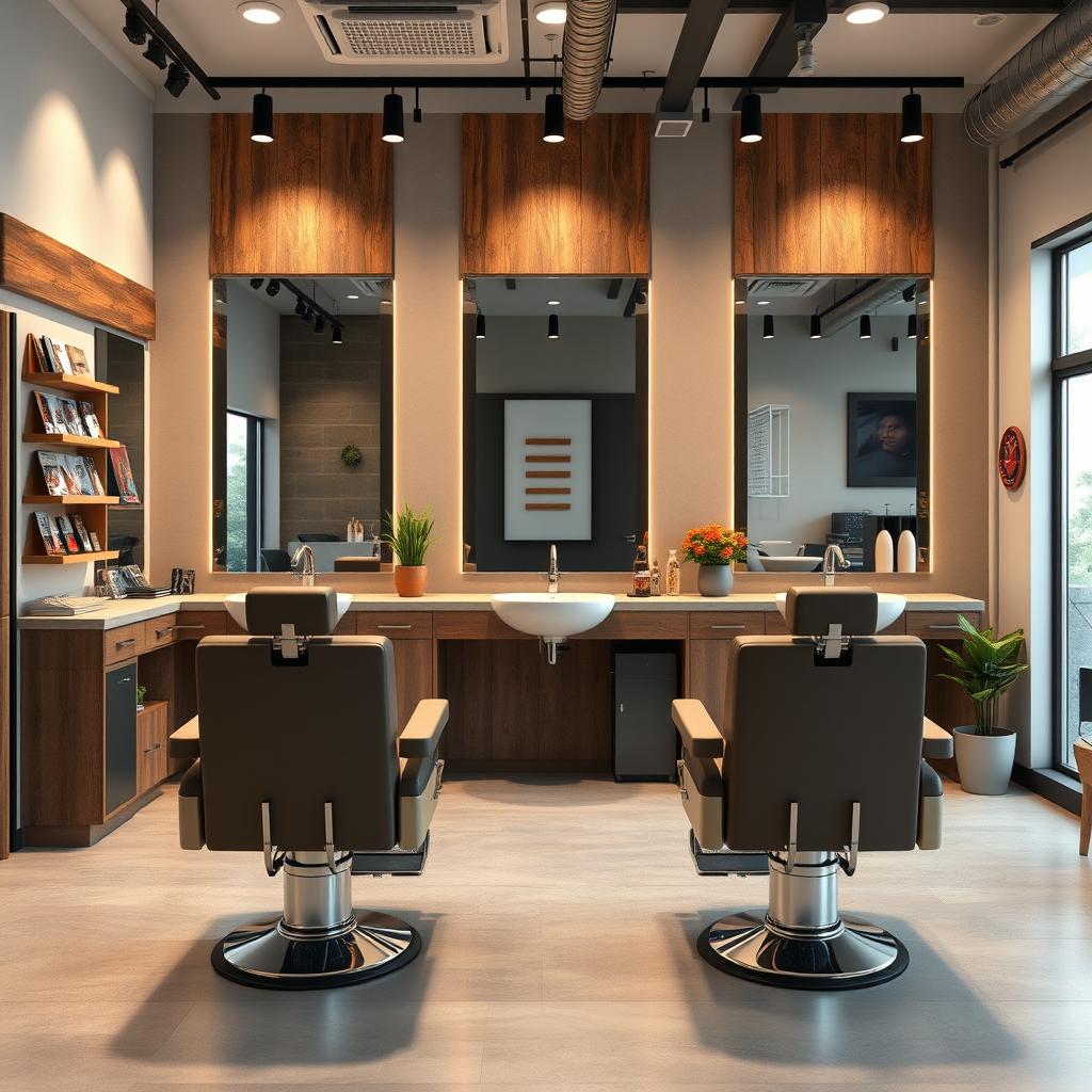 An interior layout design for a modern barbershop featuring three stylish barber chairs arranged in a spacious and inviting setting