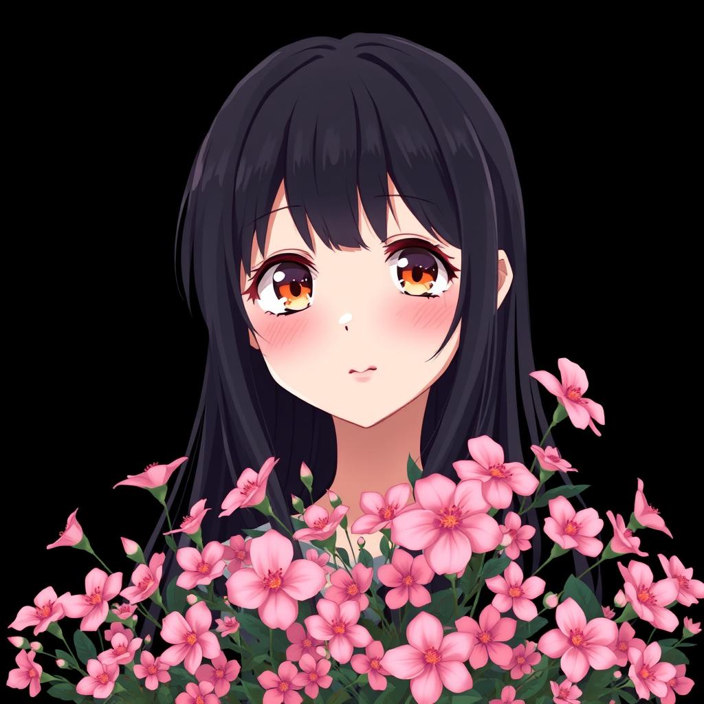 An anime girl with small, captivating hazel eyes and long black hair, portrayed in a charming style