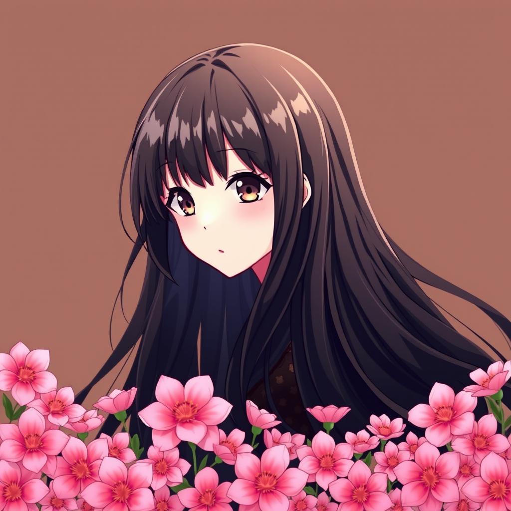 An anime girl with small, expressive hazel eyes and long, flowing black hair, illustrated in a captivating style