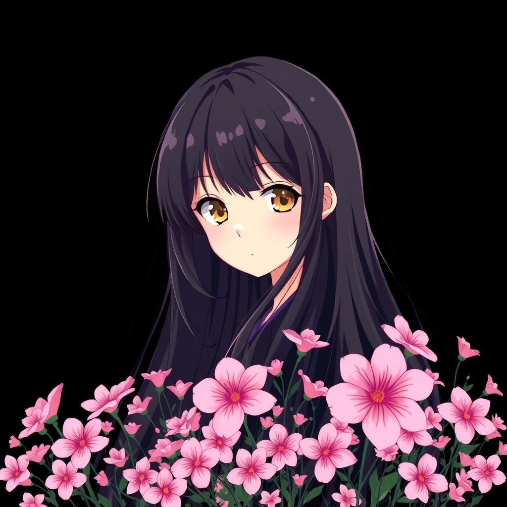 An anime girl with small, enchanting hazel eyes and long, flowing black hair, depicted in a whimsical art style