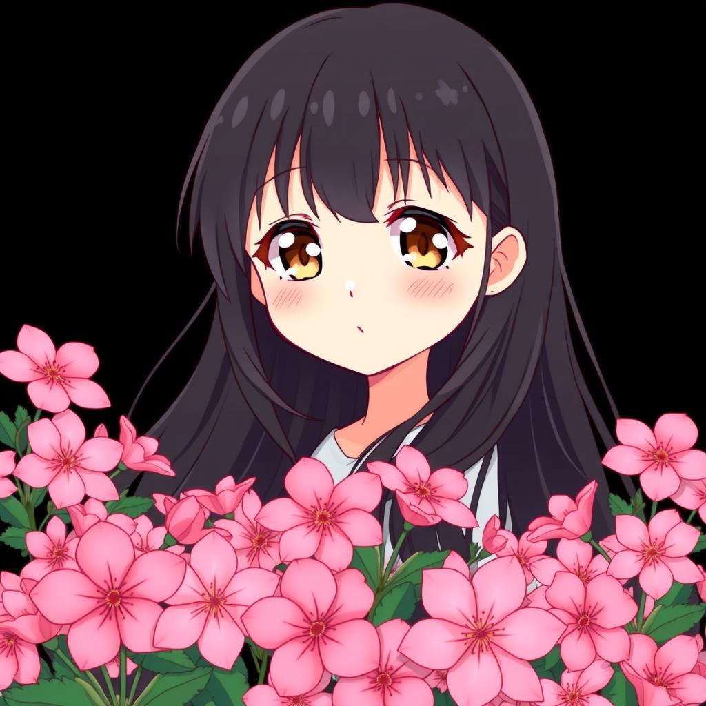 An anime girl with small, expressive hazel eyes and long, flowing black hair, illustrated in a charming style