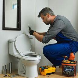 A man diligently working on repairing a bathroom toilet. He is equipped with a toolbox full of tools like wrenches, screwdrivers and pliers.