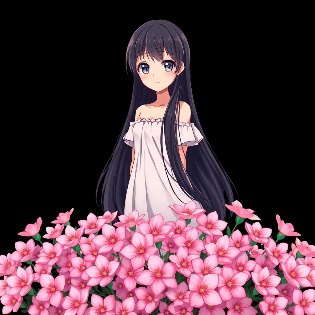 An anime girl with small, sparkling hazel eyes and long, flowing black hair, illustrated in a vibrant and charming style