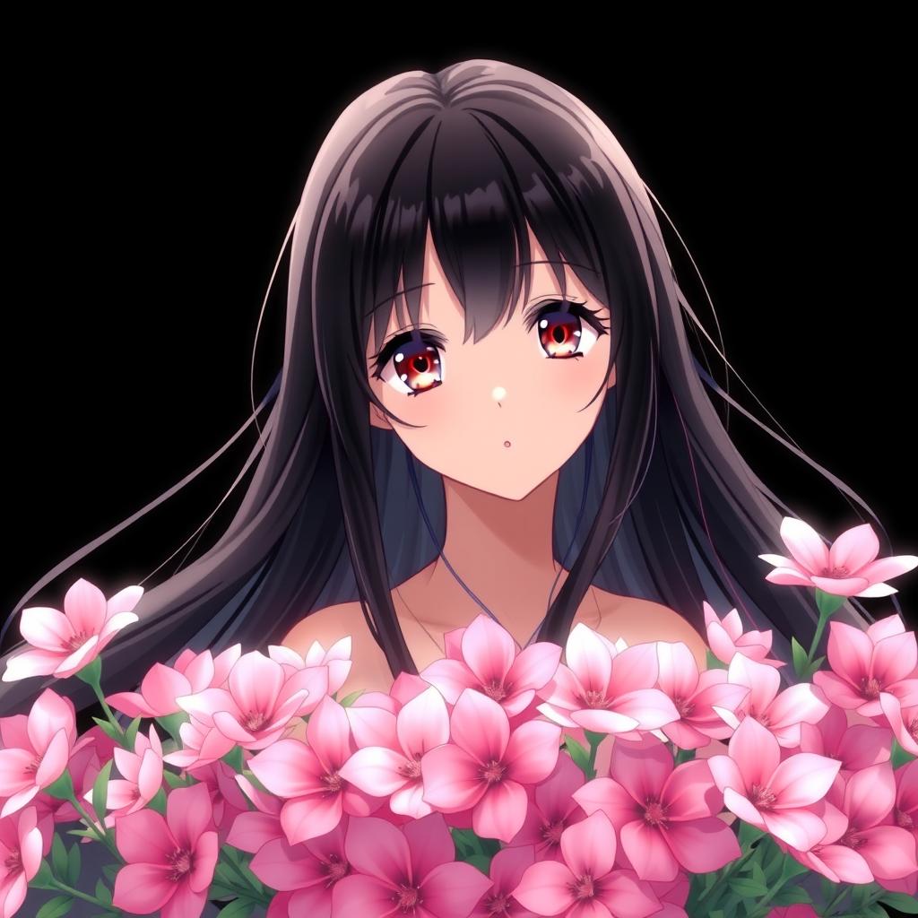 An enchanting anime girl with small, sparkling hazel eyes and long, silky black hair flowing elegantly