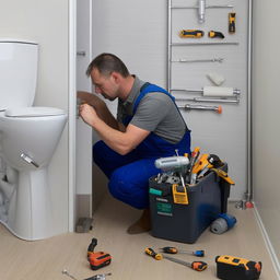 A man diligently working on repairing a bathroom toilet. He is equipped with a toolbox full of tools like wrenches, screwdrivers and pliers.