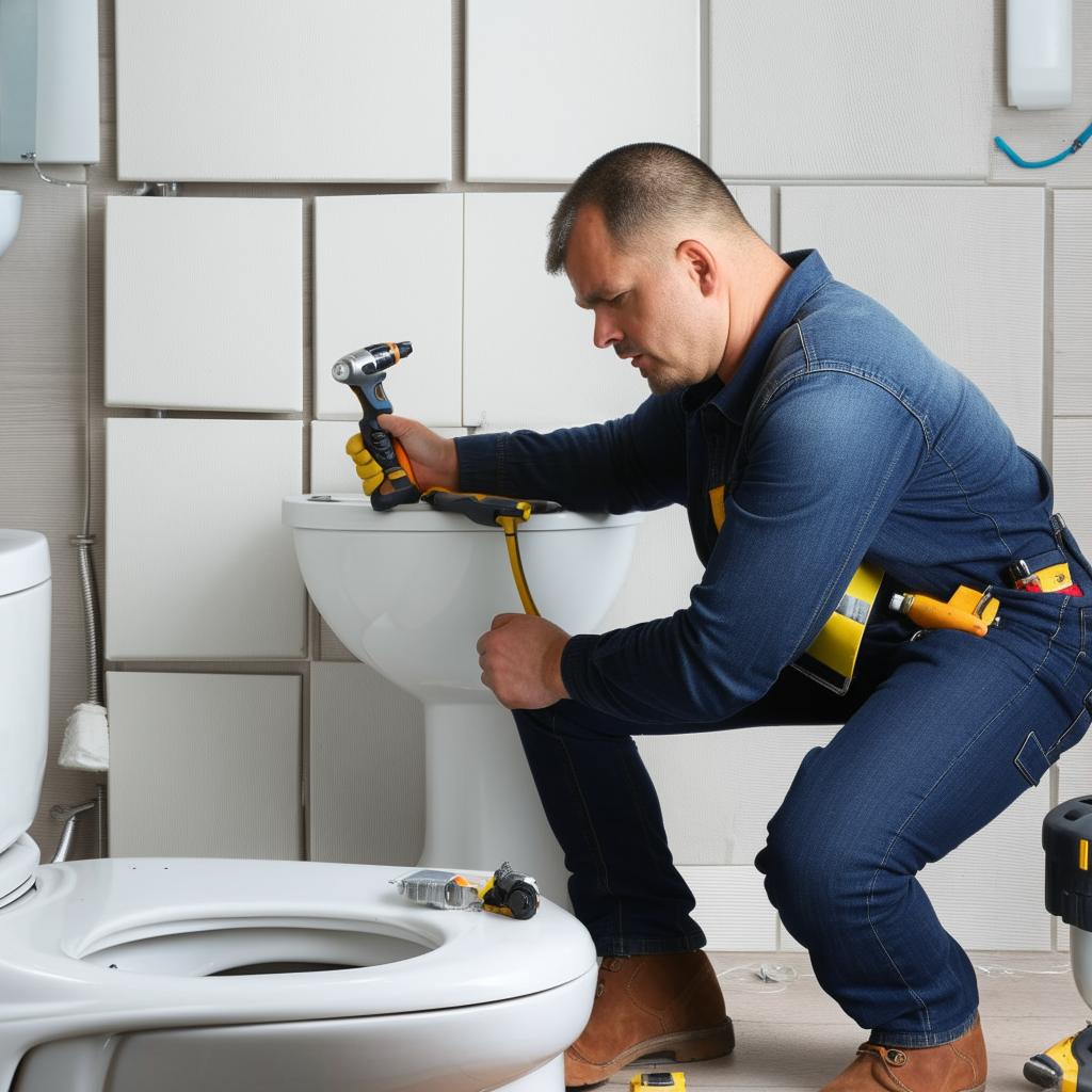 A man diligently working on repairing a bathroom toilet. He is equipped with a toolbox full of tools like wrenches, screwdrivers and pliers.