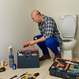 A man diligently working on repairing a bathroom toilet. He is equipped with a toolbox full of tools like wrenches, screwdrivers and pliers.