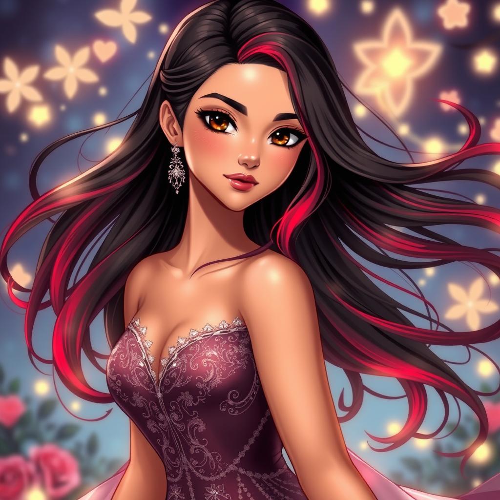 A charismatic Latina woman with mesmerizing brown eyes and long flowing dark hair featuring striking red highlights
