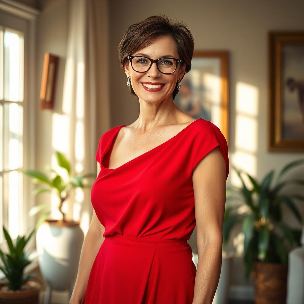A beautiful mature woman exuding confidence and elegance, wearing a stunning red dress that flows gracefully around her