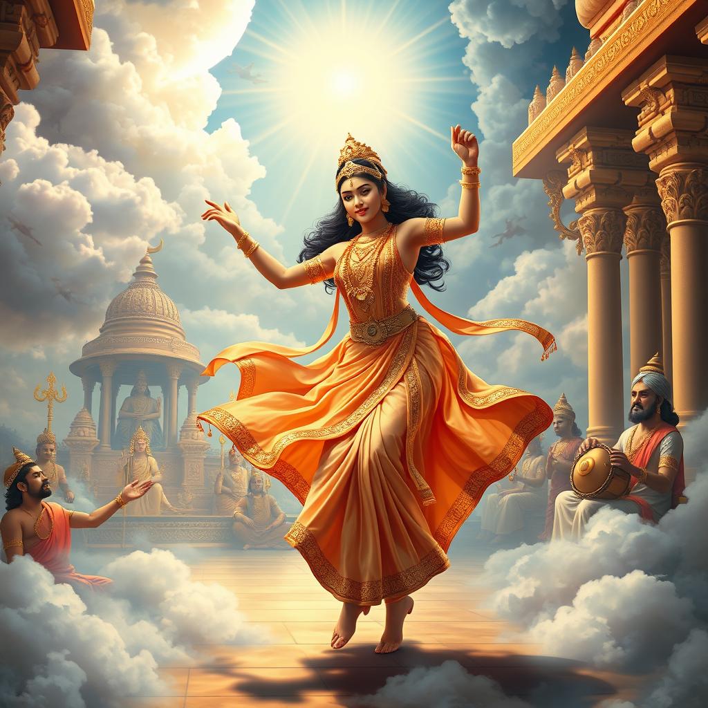 A beautiful celestial Apsara dancing gracefully in the royal court of Lord Indra in heaven, adorned in traditional divine attire with flowing silk garments and golden ornaments