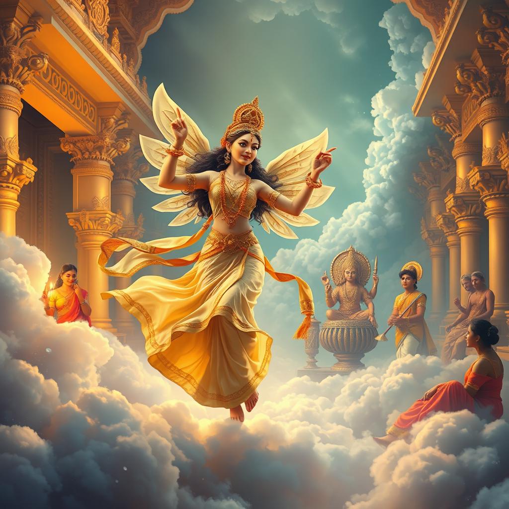 A beautiful celestial Apsara dancing gracefully in the royal court of Lord Indra in heaven, adorned in traditional divine attire with flowing silk garments and exquisite golden ornaments