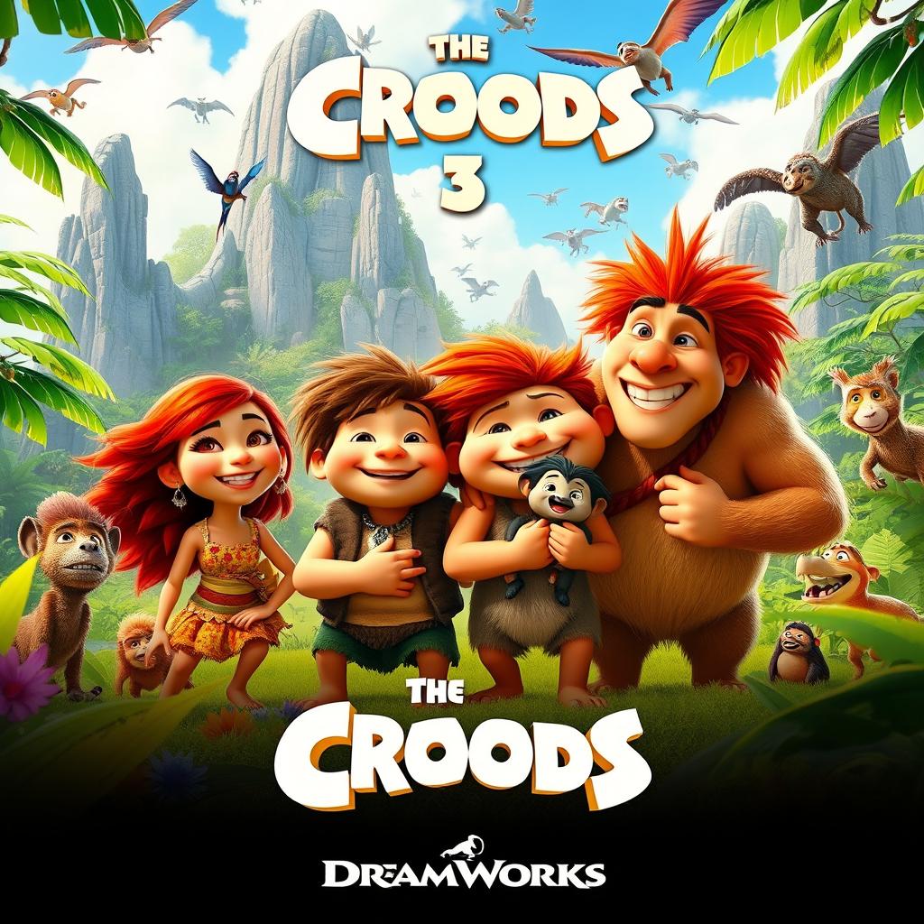A vibrant animated movie poster for 'The Croods 3', featuring the Crood family joyfully gathered in a lush, prehistoric jungle