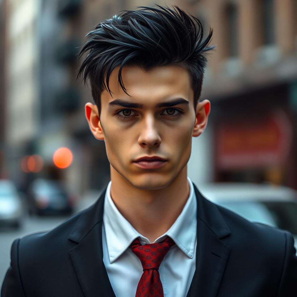 A 22-year-old man with spiky black hair and deep brown eyes, dressed in a tailored suit that embodies a bad boy aesthetic