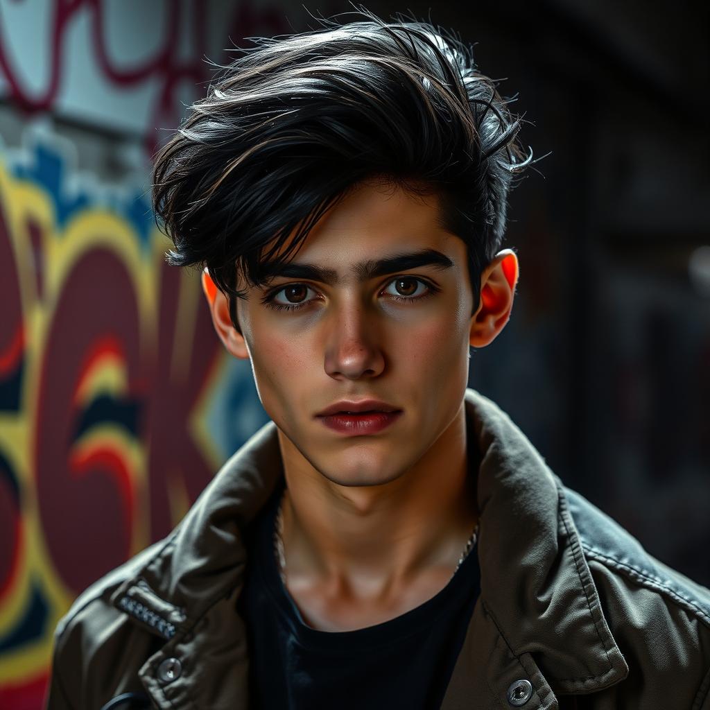 A 22-year-old young man with dark hair and dark brown eyes, wearing a stylish jacket