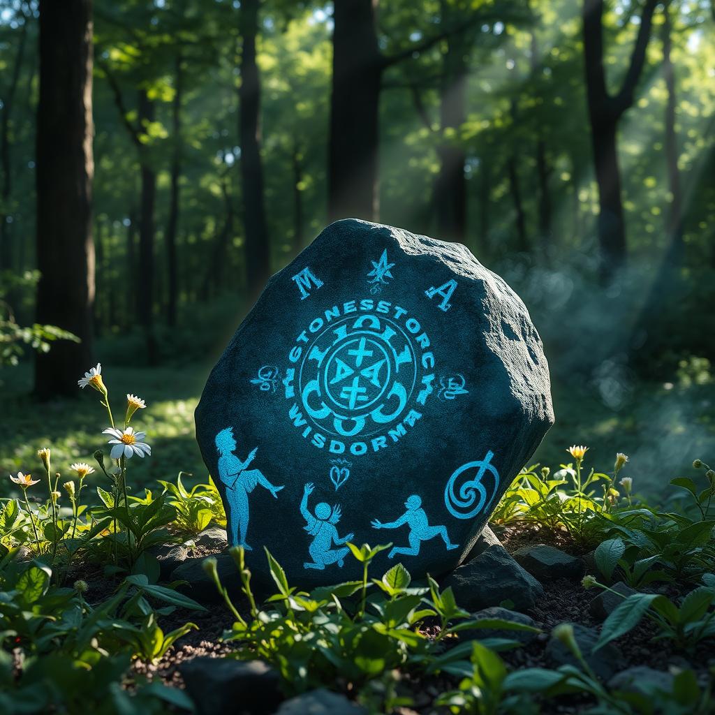 A mystical and ancient stone known as the Stone of Wisdom, glowing with an ethereal blue light