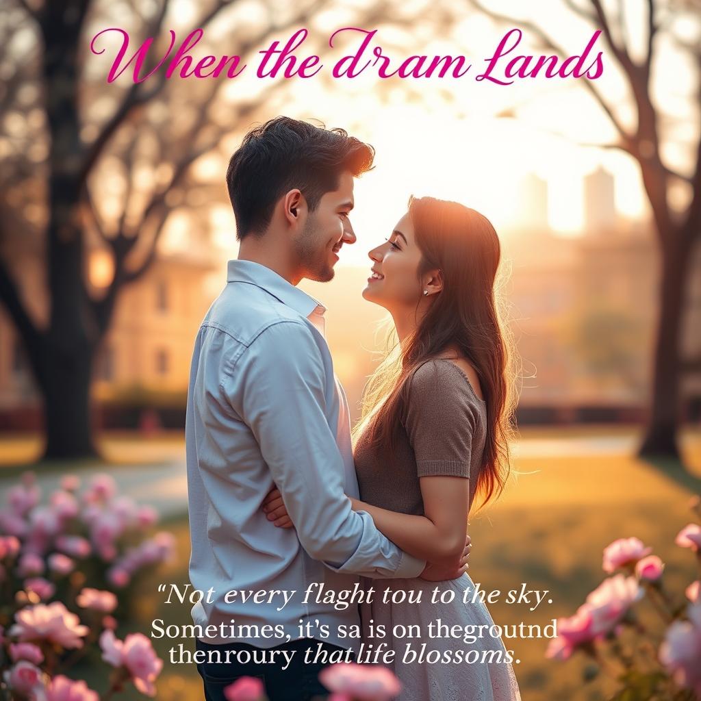 A romantic book cover featuring a young couple in a contemporary setting, standing closely together in a sunlit park, surrounded by blooming flowers