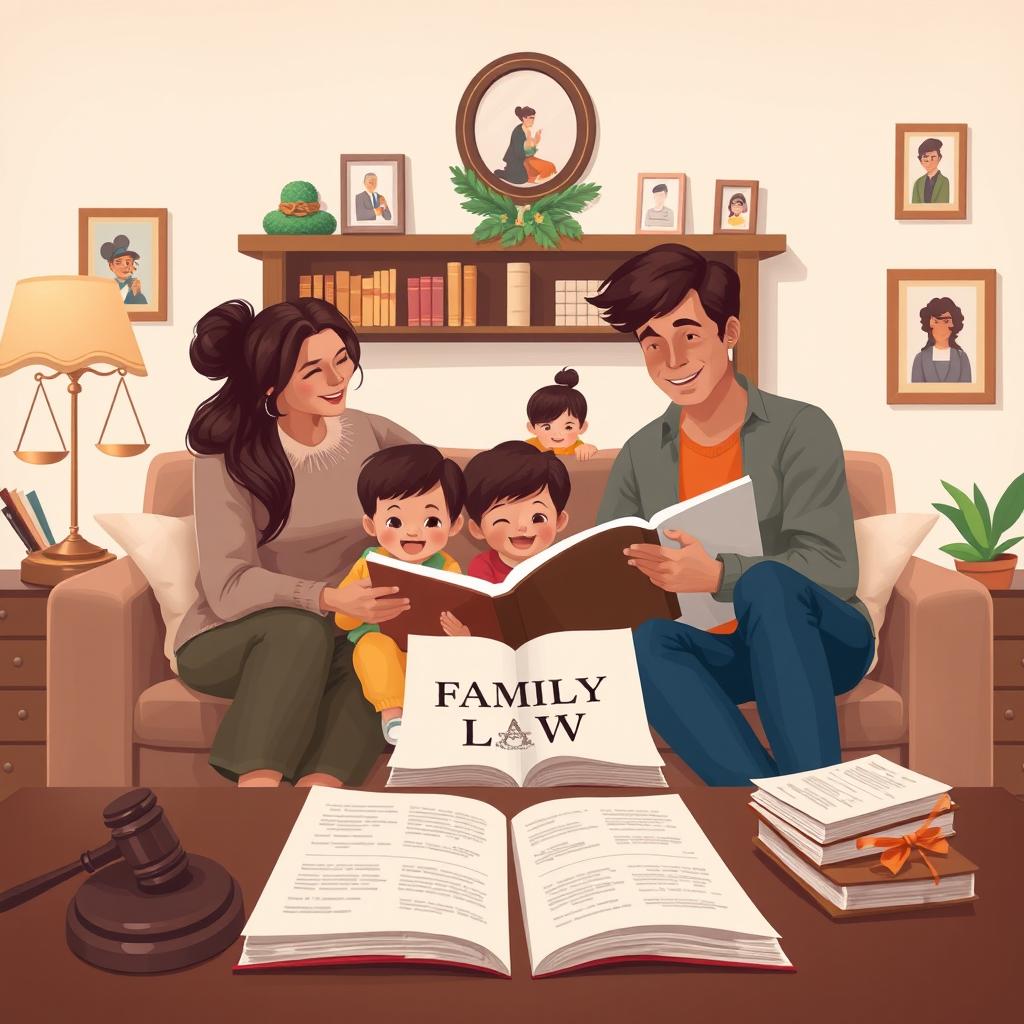 A beautifully illustrated representation of family law, featuring a diverse family sitting together in a cozy living room, surrounded by books and legal documents