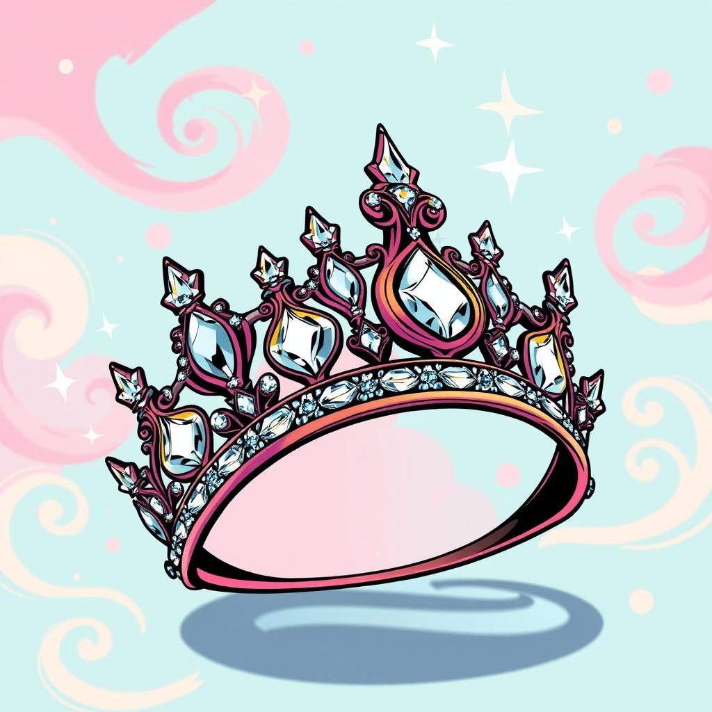 A vibrant comic style illustration of a luxurious tiara adorned with sparkling gemstones