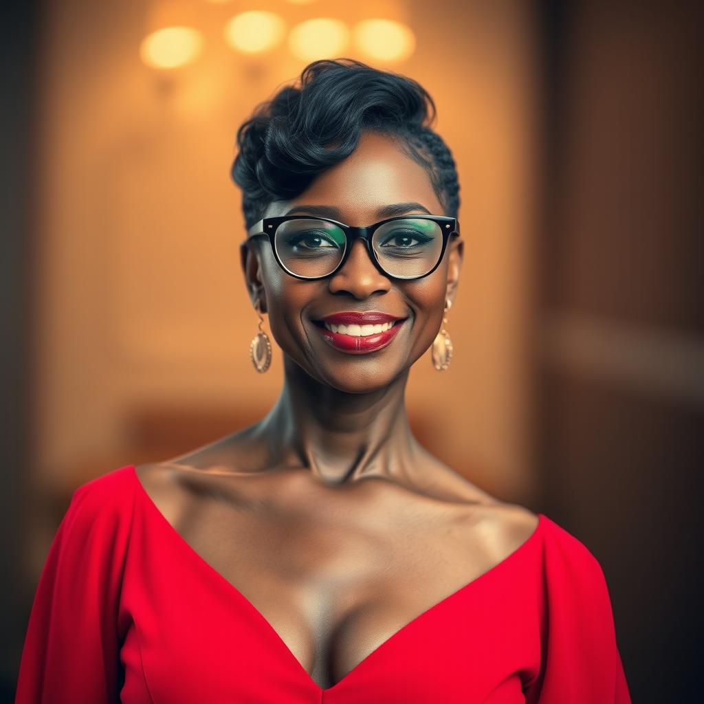 A beautiful mature black woman wearing an elegant red dress that highlights her stunning figure
