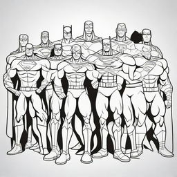 Create an illustration of various superheroes in uncolored line art suitable for a coloring page.