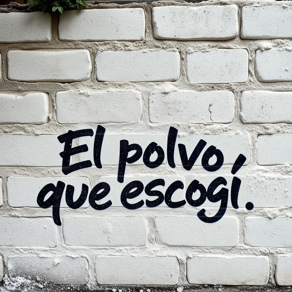 A backdrop featuring white lime bricks that are losing a white powder, with a black graffiti title inscribed on them: "El polvo que escogí