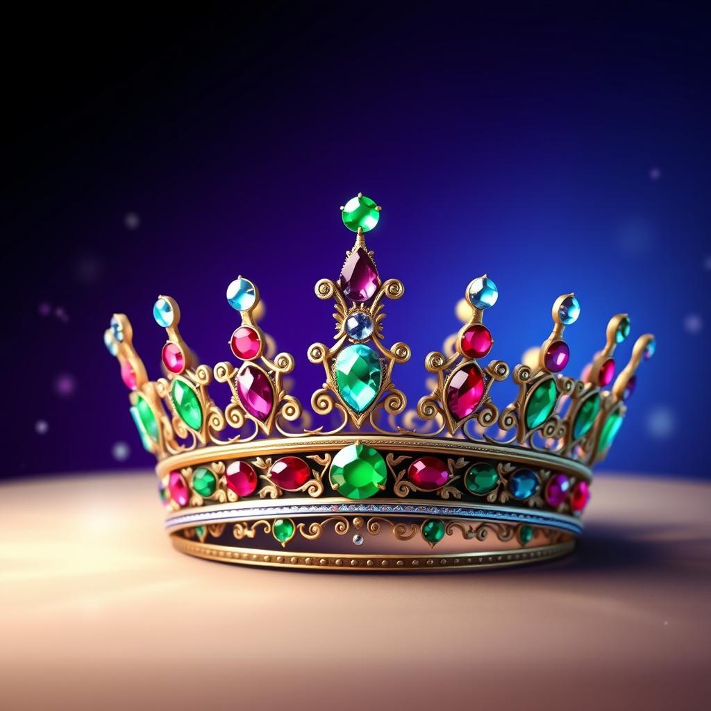 A stunning digital artwork of a beautifully intricate crown, adorned with gems in various colors - emerald greens, ruby reds, sapphire blues, and diamond-like sparkles