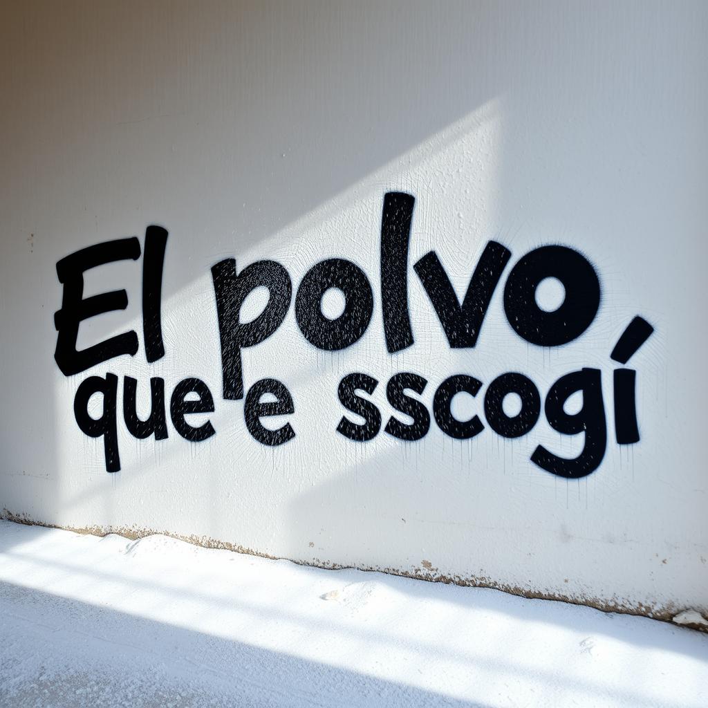 A textured white lime wall with white powder gently falling down, featuring a bold, large graffiti title in blurred black that says "El polvo que escogí"