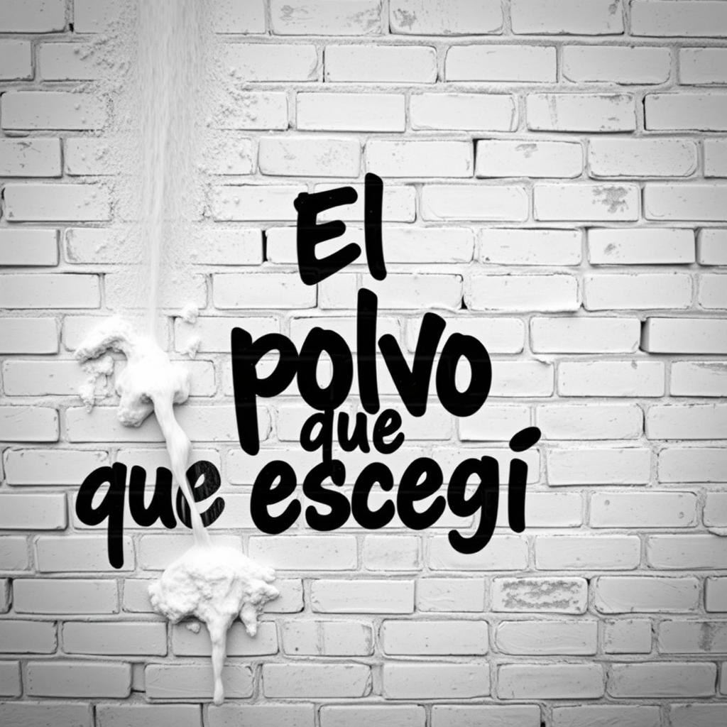 A white brick wall with a small pile of white lime powder cascading from one corner, featuring a large graffiti-style title in bold black that says "El polvo que escogí"