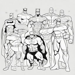 Create an illustration of various superheroes in uncolored line art suitable for a coloring page.