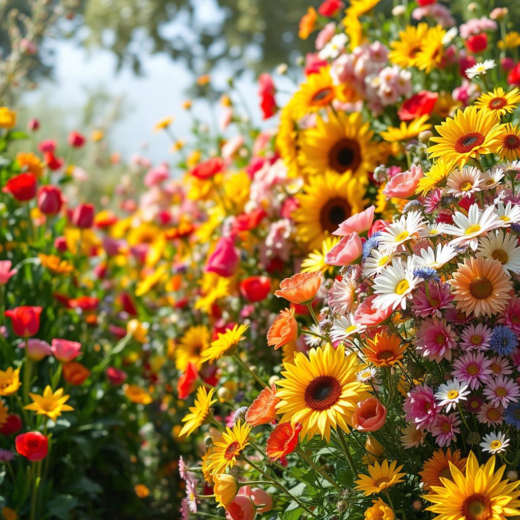 A vibrant explosion of colorful flowers in full bloom, creating a stunning visual spectacle