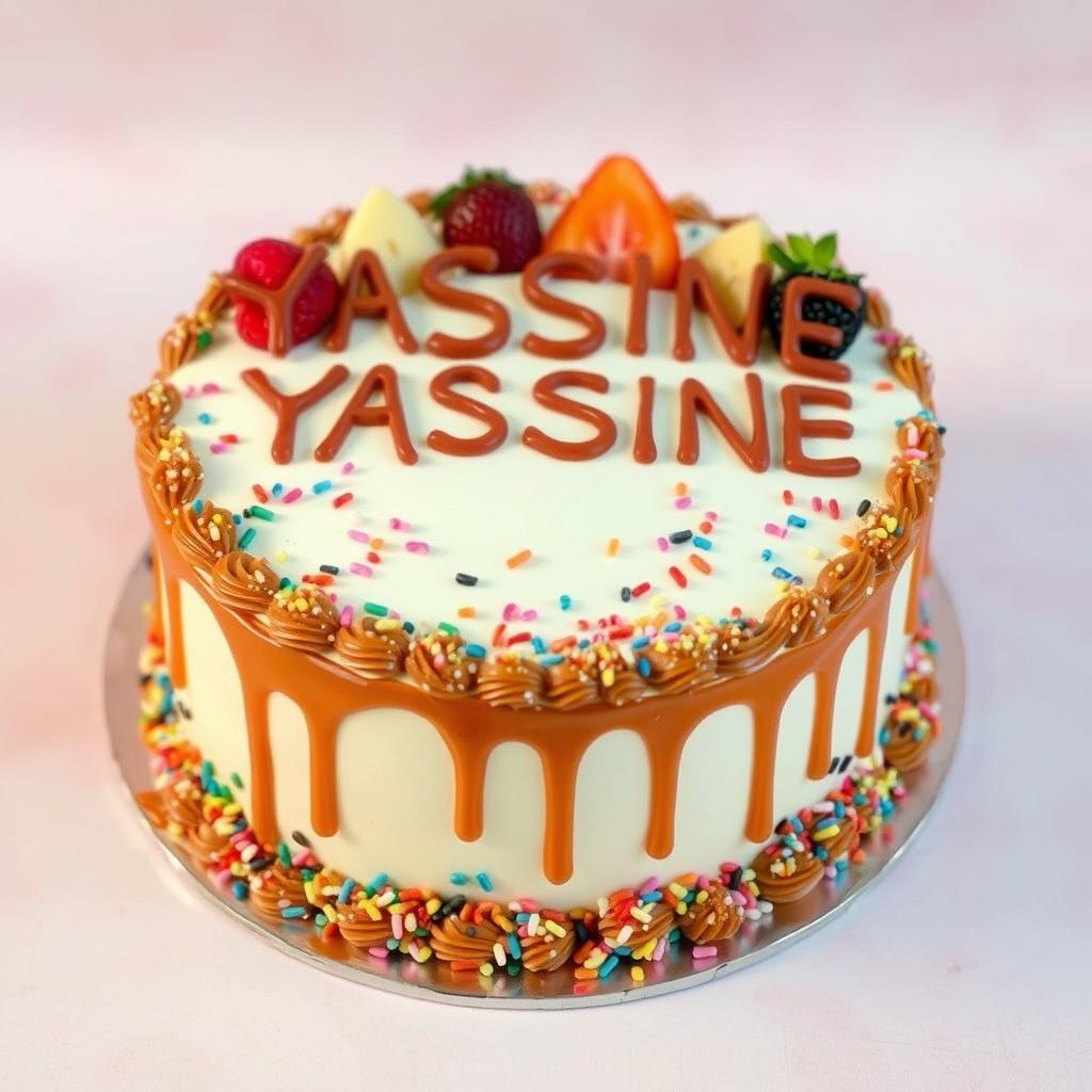 A beautifully decorated cake with the name 'YASSINE' written in rich caramel on top