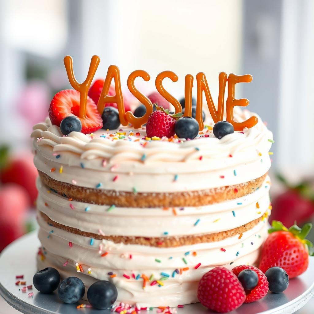 A beautifully decorated cake featuring the name 'YASSINE' elegantly written in caramel on top