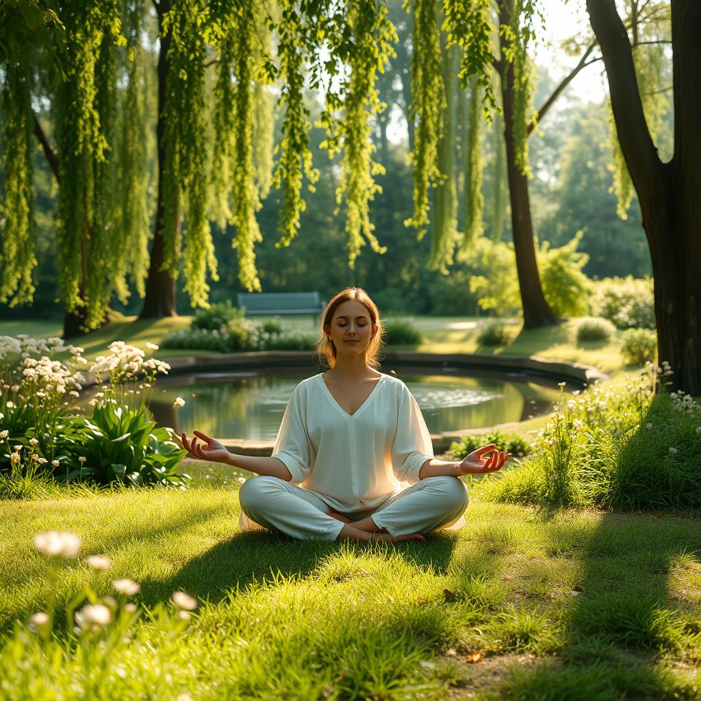 A serene scene depicting an individual meditating peacefully in a tranquil environment