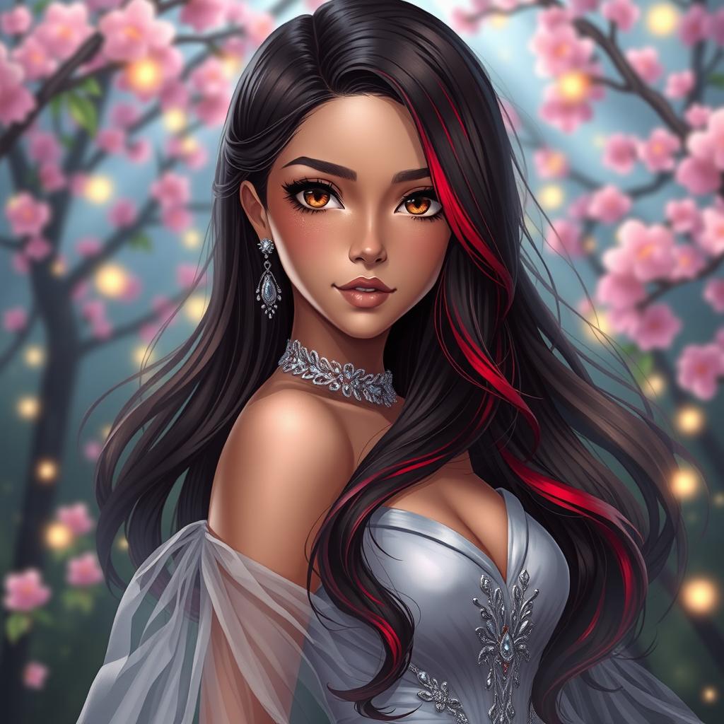 A charismatic Latina woman with mesmerizing brown eyes and long flowing dark hair adorned with striking red highlights