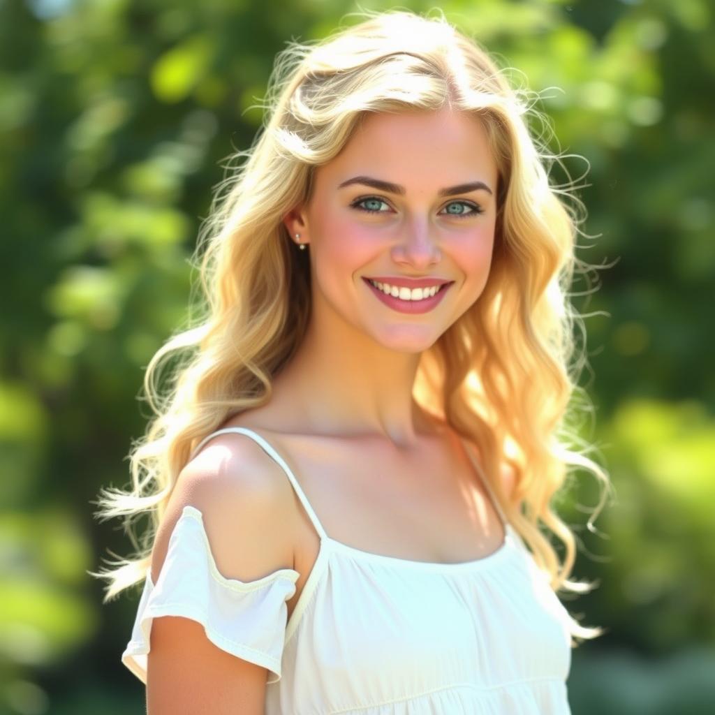 A beautiful young woman with long, curly blonde hair and bright blue eyes