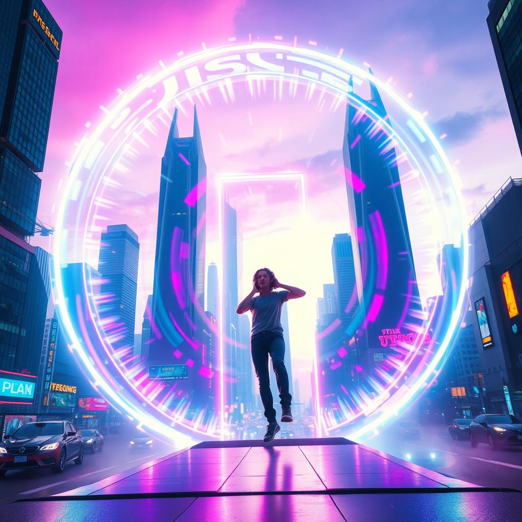 A futuristic scene depicting a vibrant city with tall, sleek skyscrapers and neon lights, capturing the essence of teleportation in action