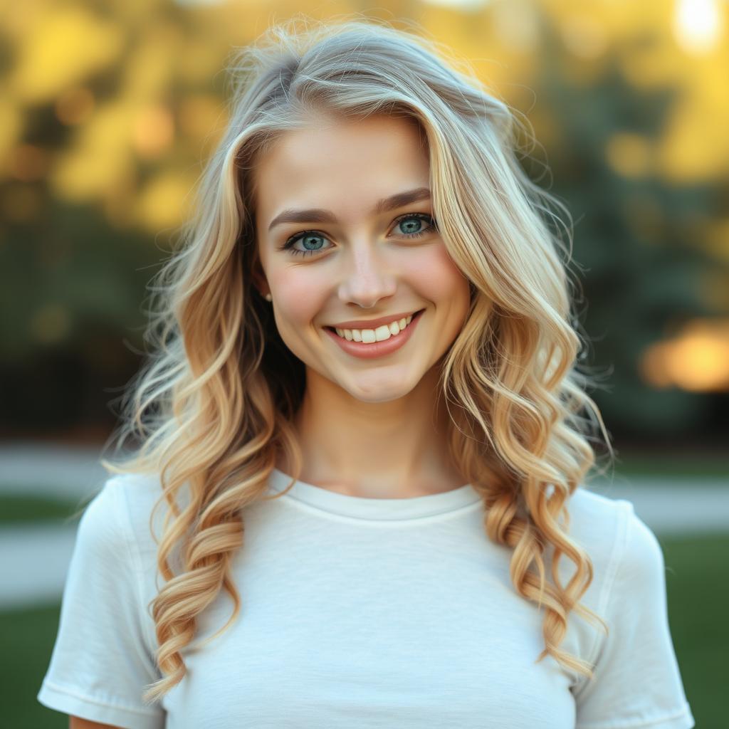 A beautiful young woman approximately 19 years old, with long, curly blonde hair and striking light-colored eyes