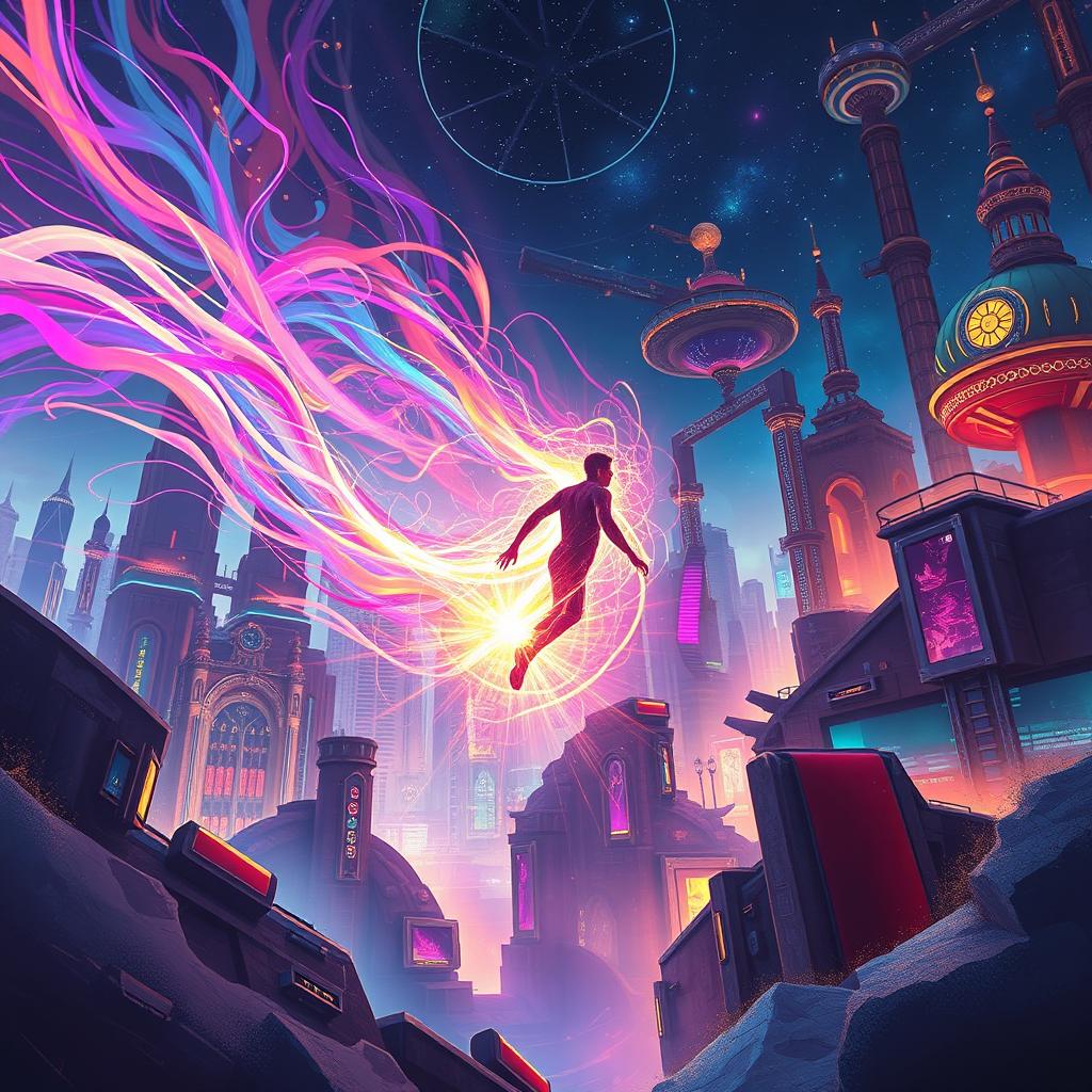 A surreal depiction of a vibrant, dynamic teleportation scene showcasing a figure mid-teleportation, with glowing energy trails and swirling colors creating an ethereal atmosphere