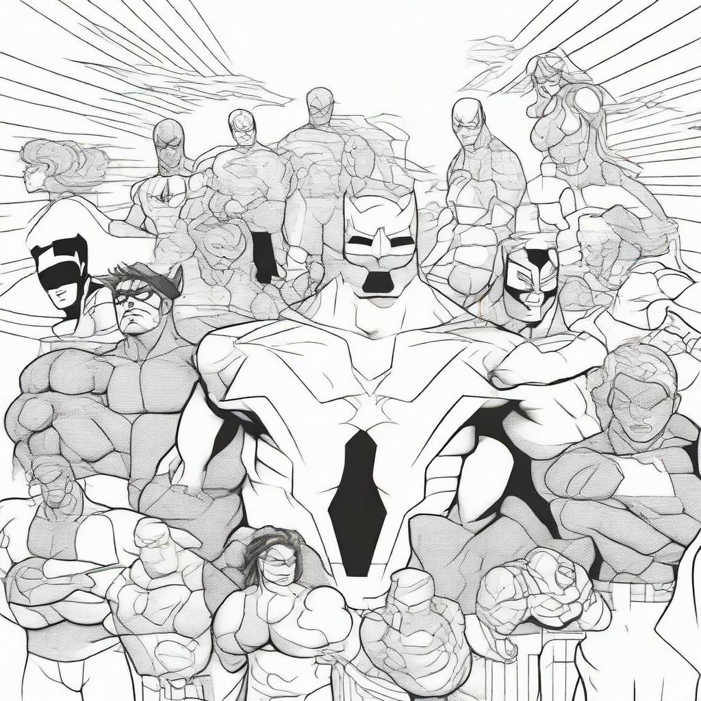 Create an illustration of various superheroes in uncolored line art suitable for a coloring page.