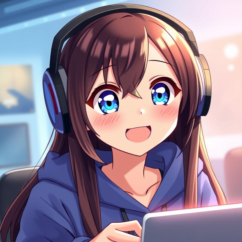 A modern, gamer-style anime girl with long, straight dark brown hair that has a natural shine under the light