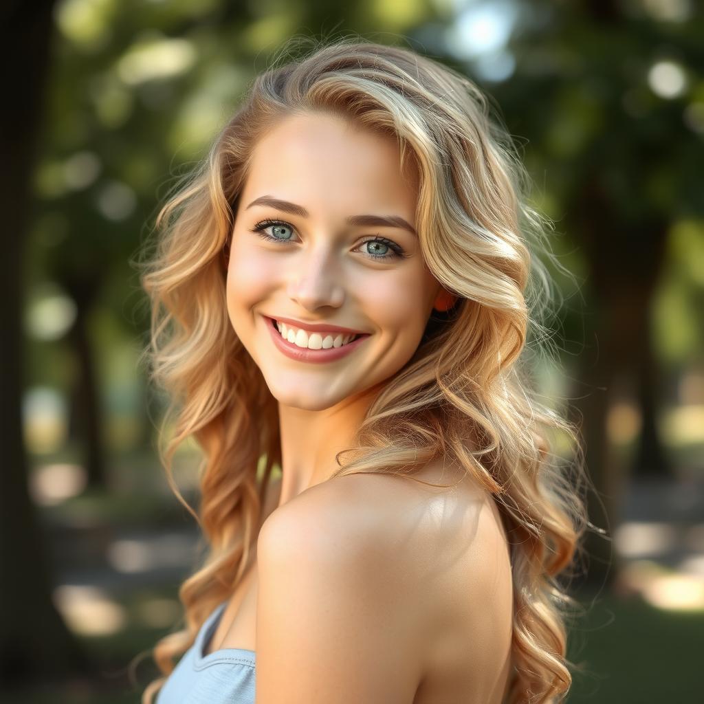 A beautiful young woman with long, full, curly blonde hair, bright clear eyes, and a radiant smile on her face