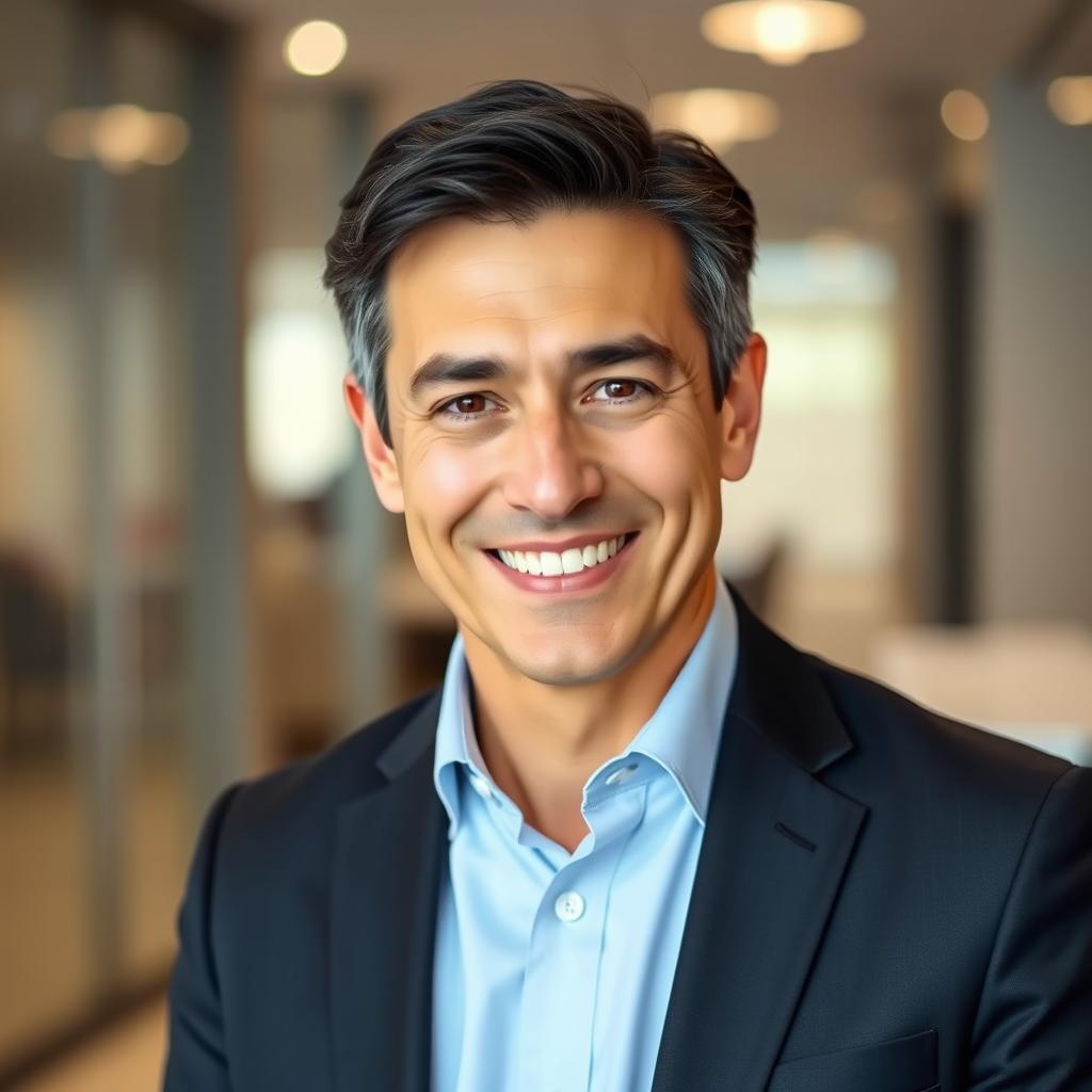 A middle-aged man nearing his 40s with black hair and brown eyes, wearing a stylish business attire