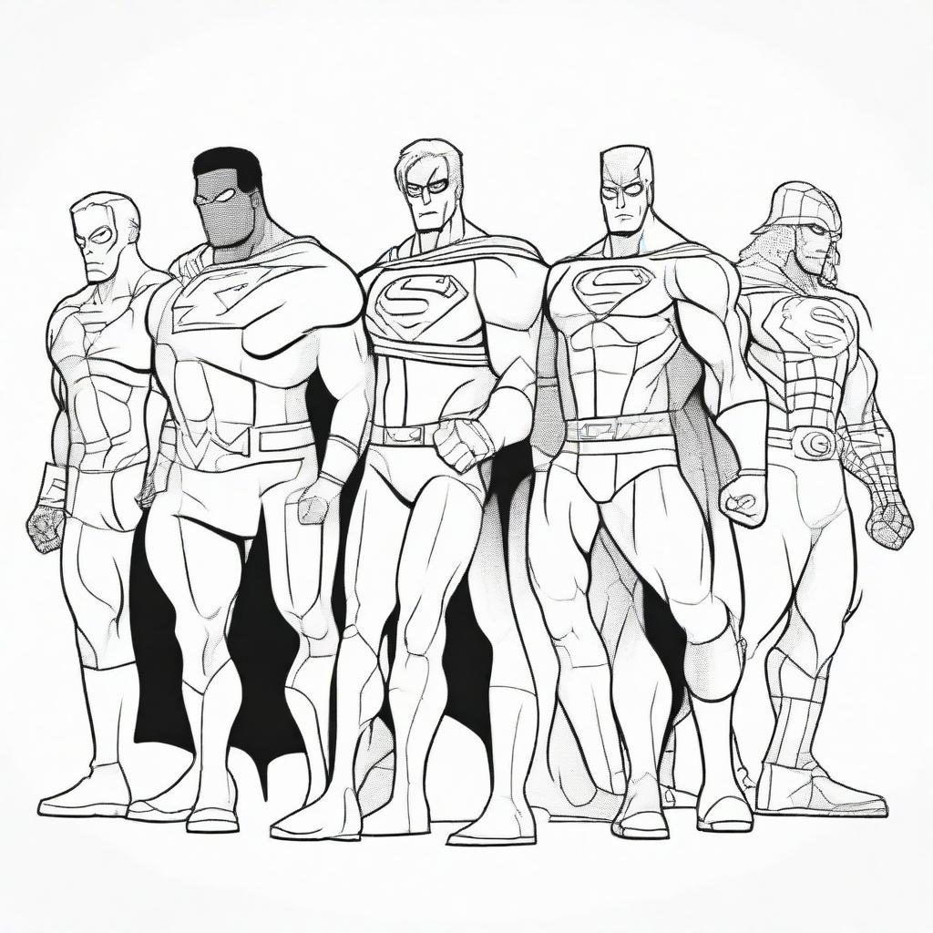 Create an illustration of various superheroes in uncolored line art suitable for a coloring page.