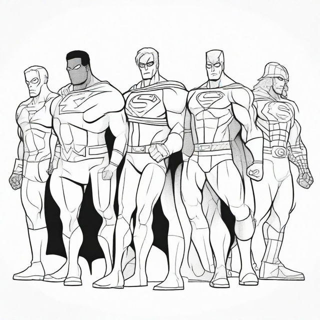 Create an illustration of various superheroes in uncolored line art suitable for a coloring page.