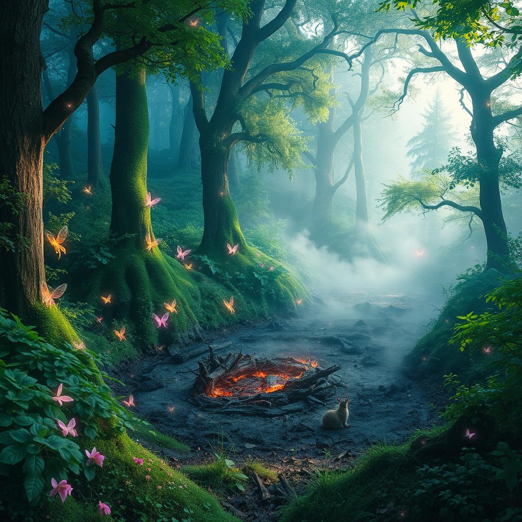 An enchanted magical forest featuring vibrant, lush greenery and towering trees, intertwined with shimmering lights and whimsical creatures like fairies and sprites