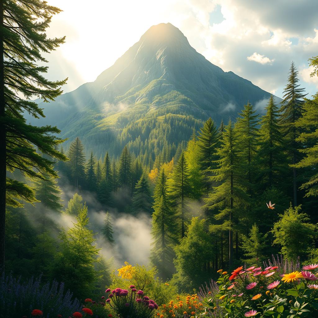 A breathtaking high mountain with a flat summit, majestically rising above a lush, enchanted forest filled with vibrant green trees, colorful flowers, and mist swirling around the base